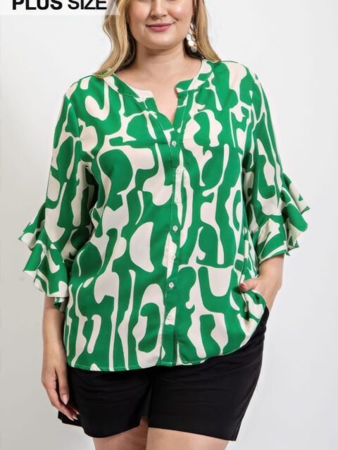 Geometric print ruffled bell sleeve woven top