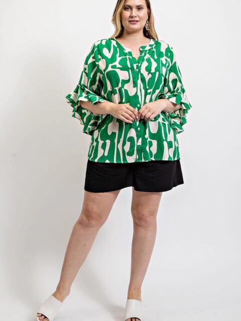 Geometric print ruffled bell sleeve woven top