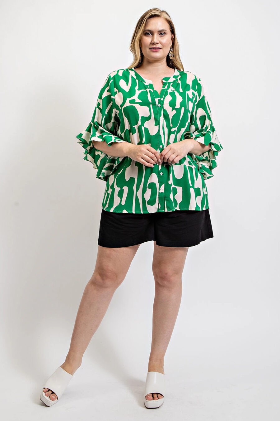 Geometric print ruffled bell sleeve woven top