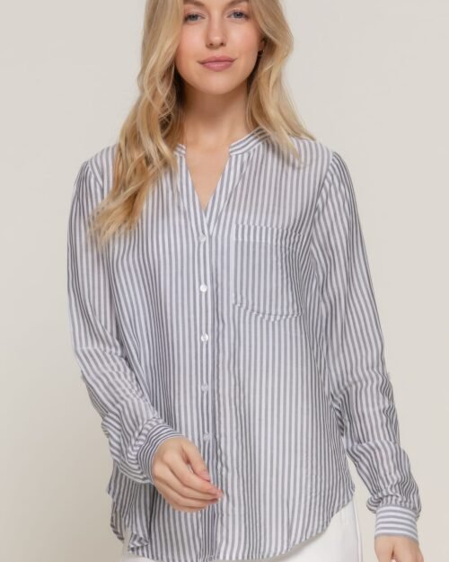 long slv split round neck stripe woven shirt