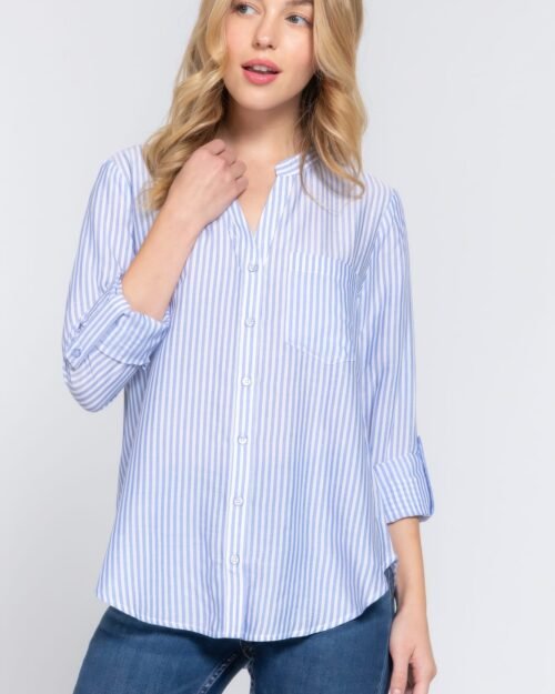 long slv split round neck stripe woven shirt