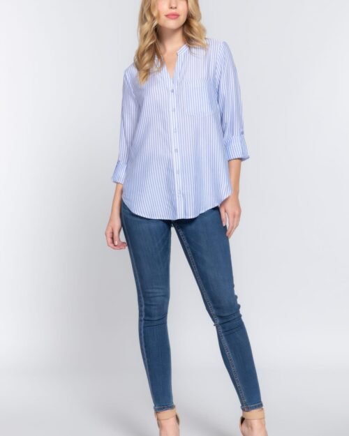 long slv split round neck stripe woven shirt
