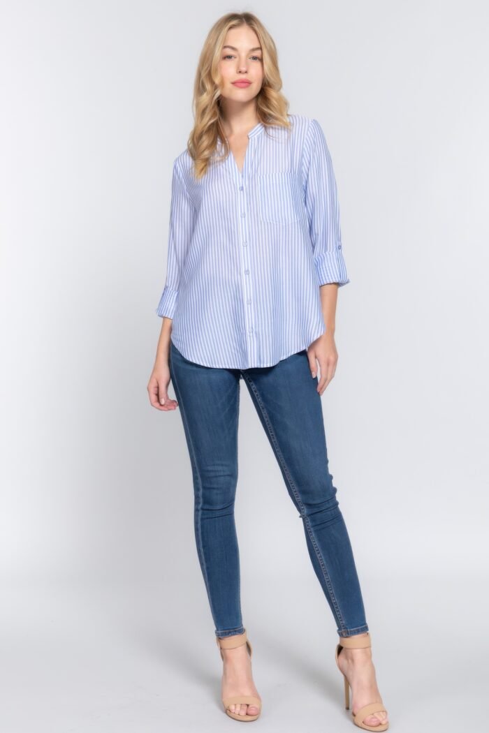 Long slv split round neck stripe woven shirt