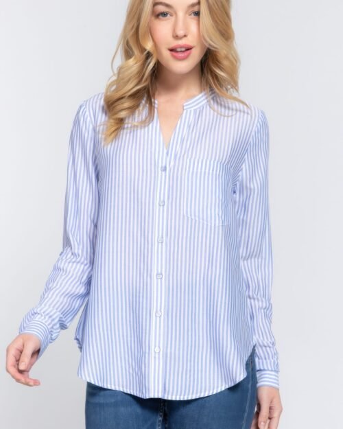 long slv split round neck stripe woven shirt