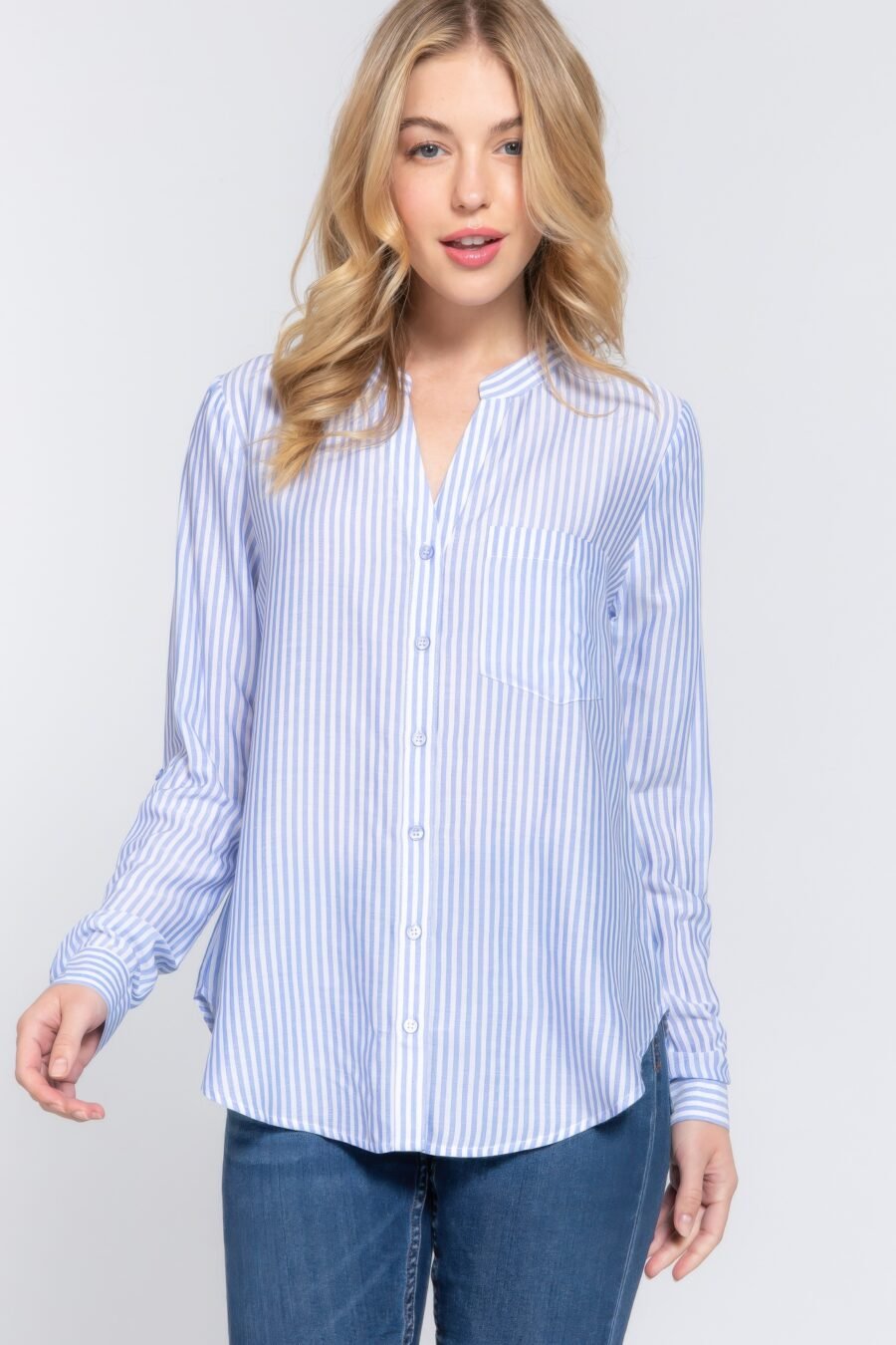 Long slv split round neck stripe woven shirt
