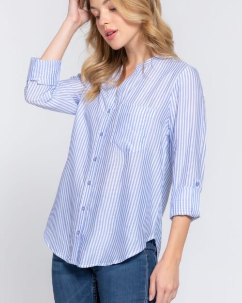 long slv split round neck stripe woven shirt