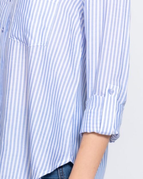 long slv split round neck stripe woven shirt
