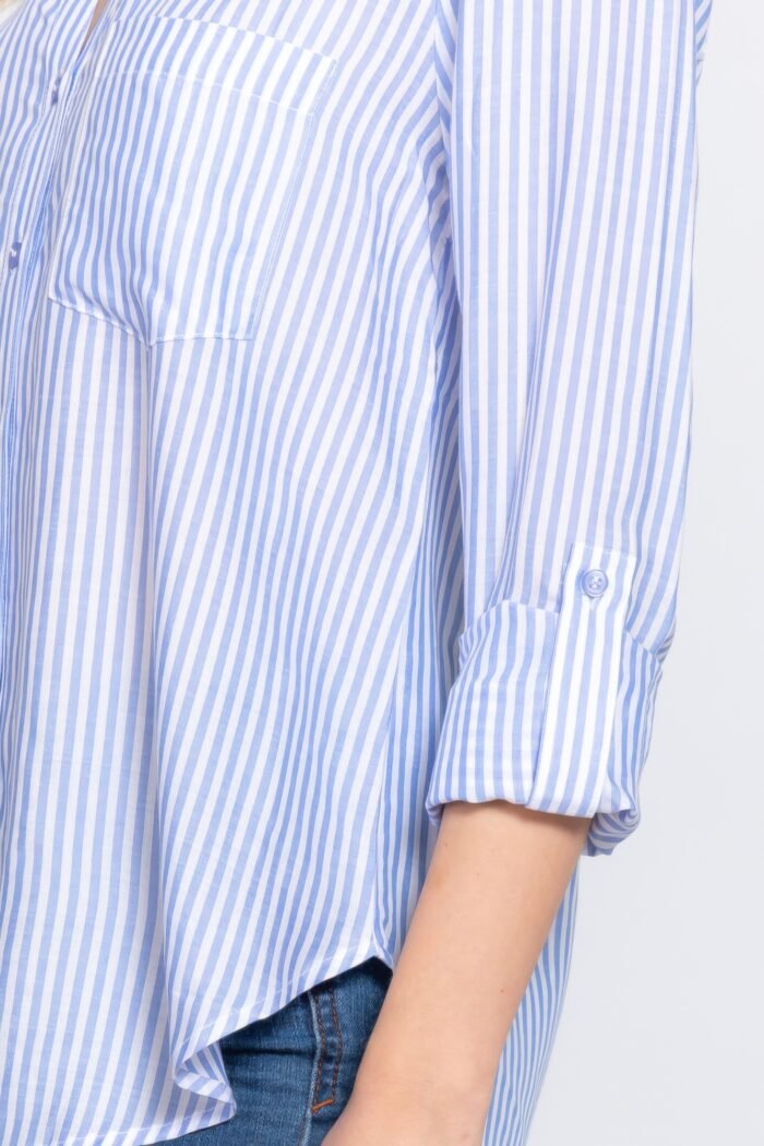 Long slv split round neck stripe woven shirt