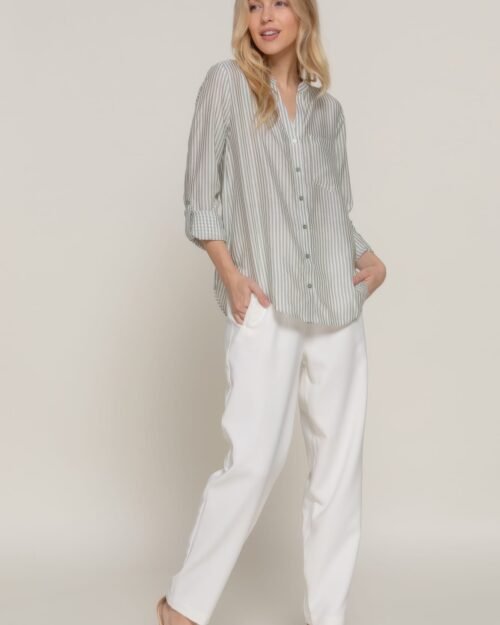 long slv split round neck stripe woven shirt