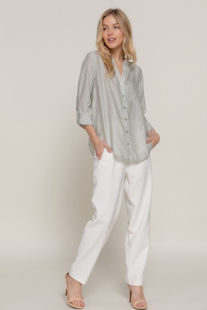 Long slv split round neck stripe woven shirt