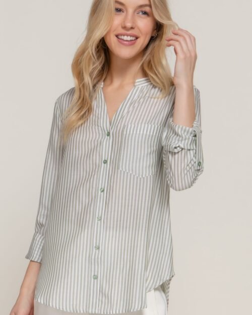 long slv split round neck stripe woven shirt