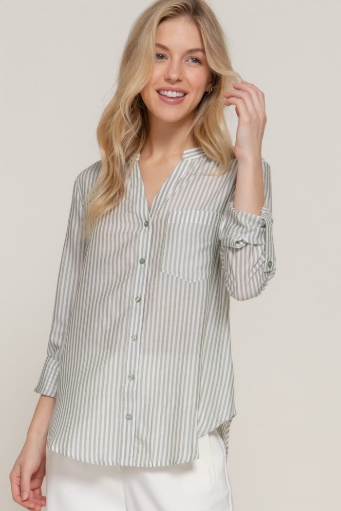 Long slv split round neck stripe woven shirt