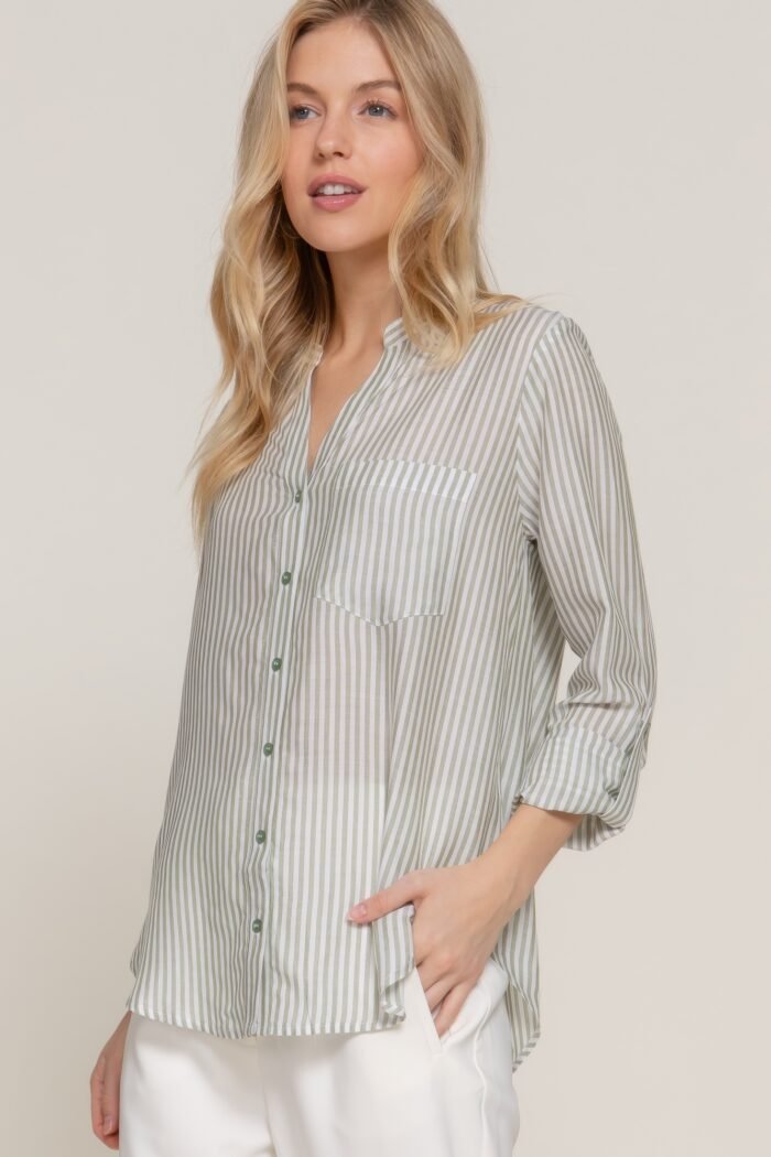 Long slv split round neck stripe woven shirt