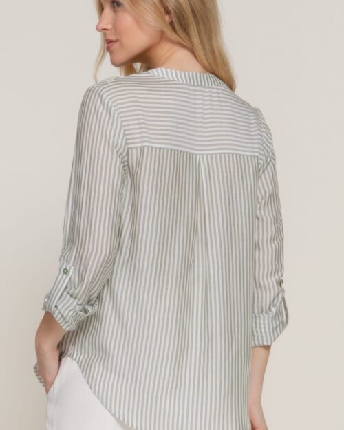 long slv split round neck stripe woven shirt