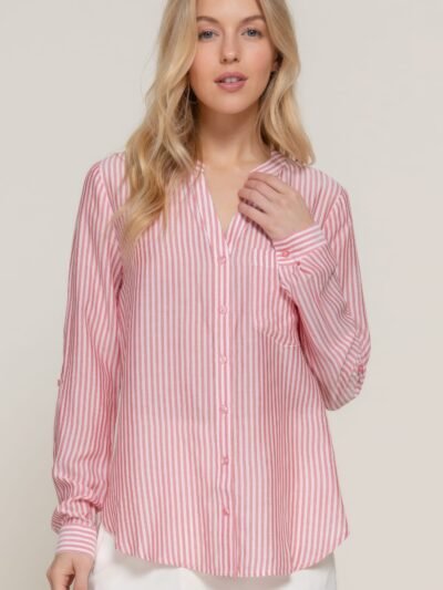 Long Slv Split Round Neck Stripe Woven Shirt