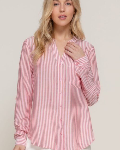 Long Slv Split Round Neck Stripe Woven Shirt