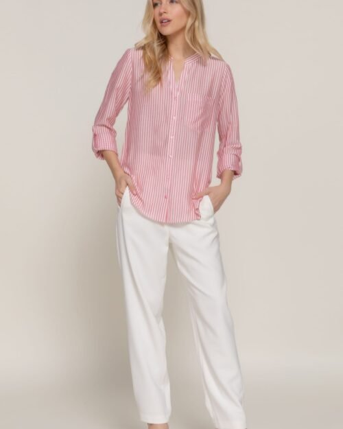 long slv split round neck stripe woven shirt