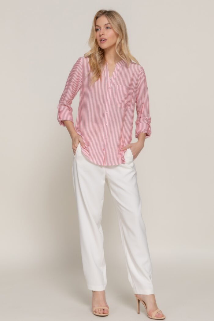 Long slv split round neck stripe woven shirt