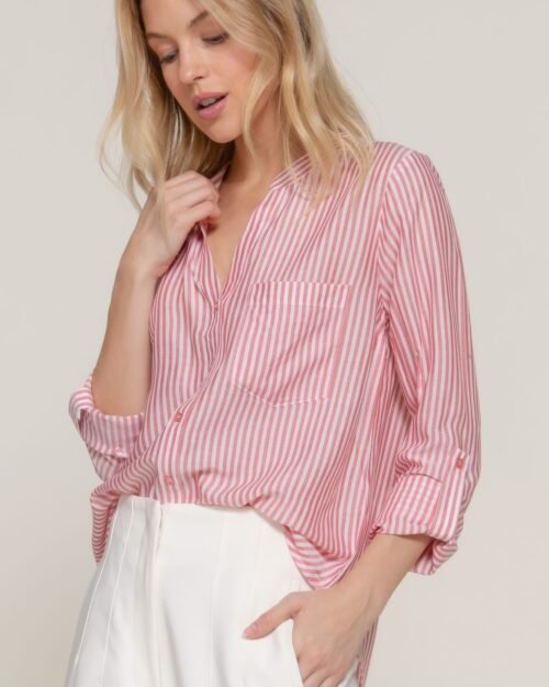 long slv split round neck stripe woven shirt