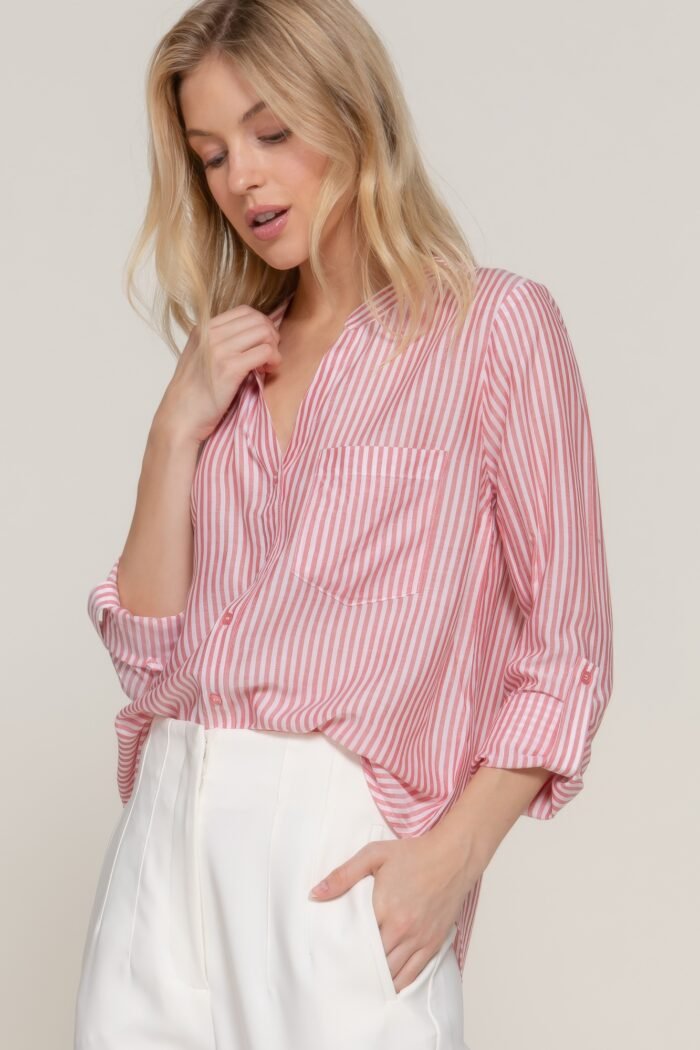 Long slv split round neck stripe woven shirt