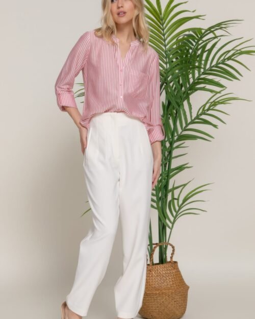 long slv split round neck stripe woven shirt