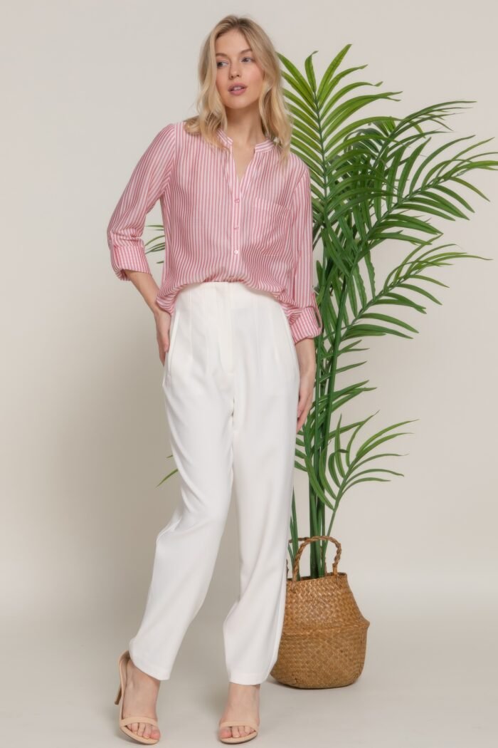 Long slv split round neck stripe woven shirt