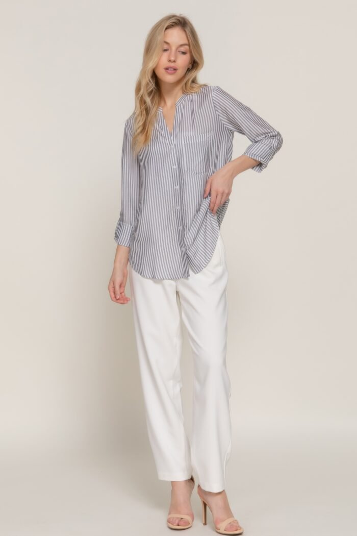 Long slv split round neck stripe woven shirt