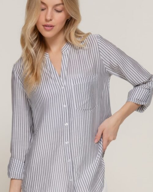long slv split round neck stripe woven shirt