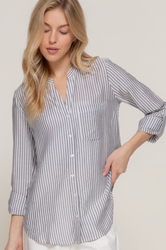 Long slv split round neck stripe woven shirt