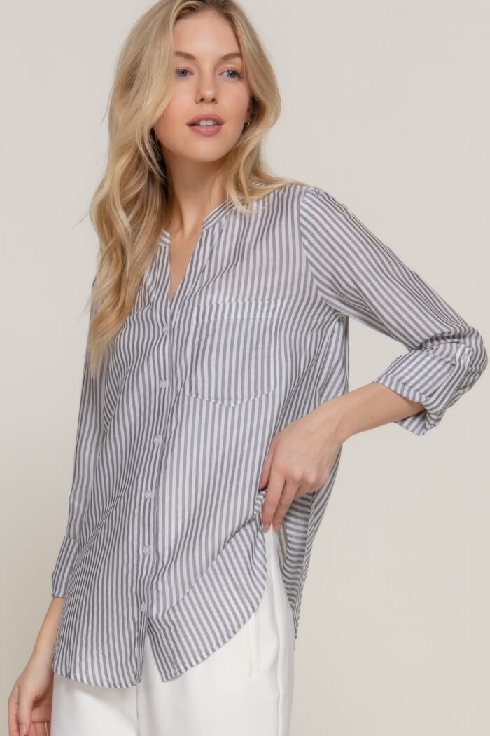 Long slv split round neck stripe woven shirt