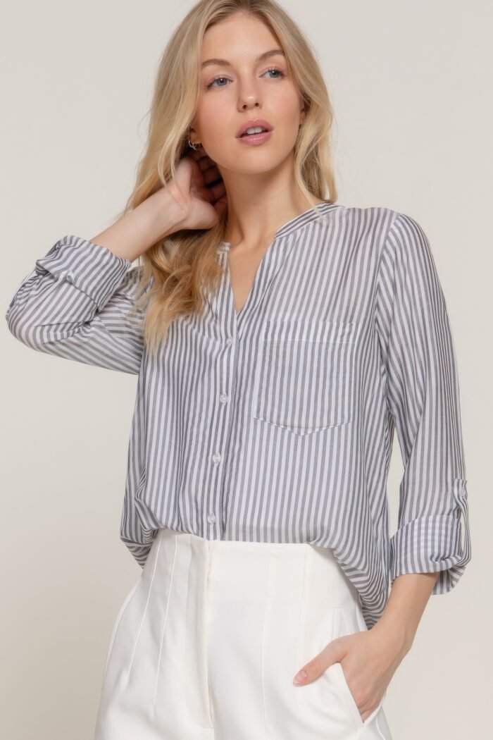 Long slv split round neck stripe woven shirt