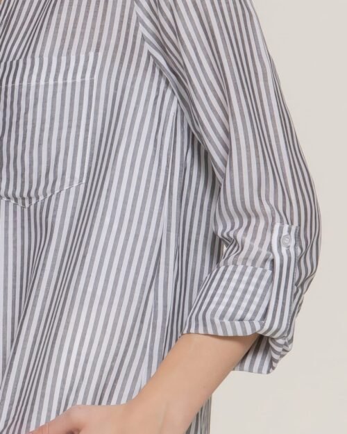 long slv split round neck stripe woven shirt