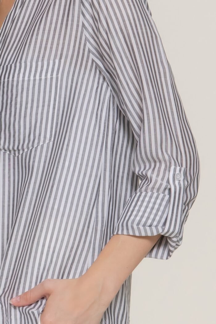 Long slv split round neck stripe woven shirt