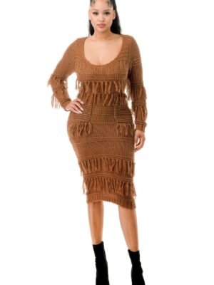 Knit Long Sleeve Fringe Dress