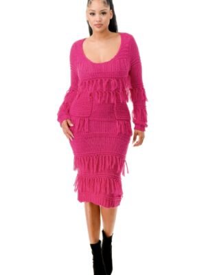 Knit Long Sleeve Fringe Dress