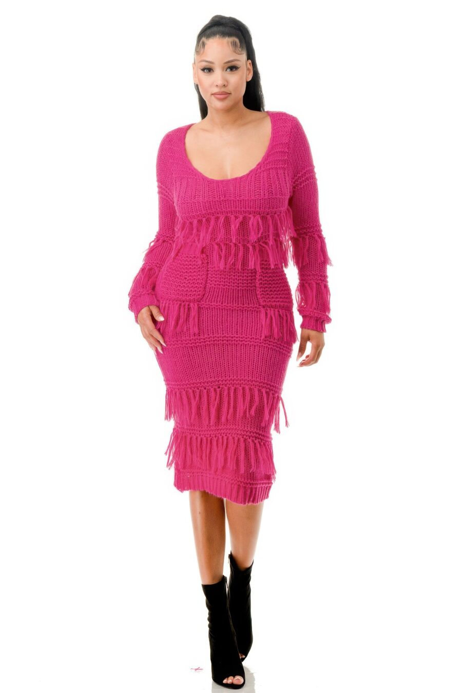 Knit long sleeve fringe dress