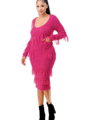 Knit Long Sleeve Fringe Dress