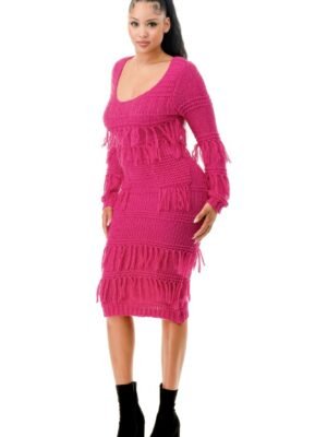 Knit Long Sleeve Fringe Dress