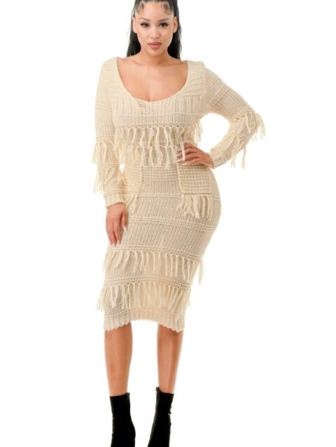 Knit Long Sleeve Fringe Dress