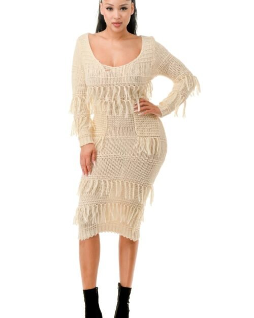 Knit Long Sleeve Fringe Dress
