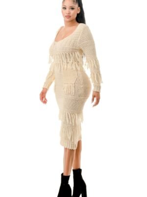 Knit Long Sleeve Fringe Dress