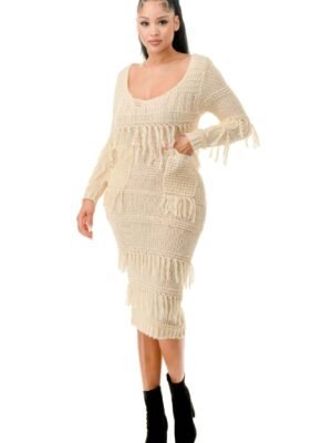 Knit Long Sleeve Fringe Dress