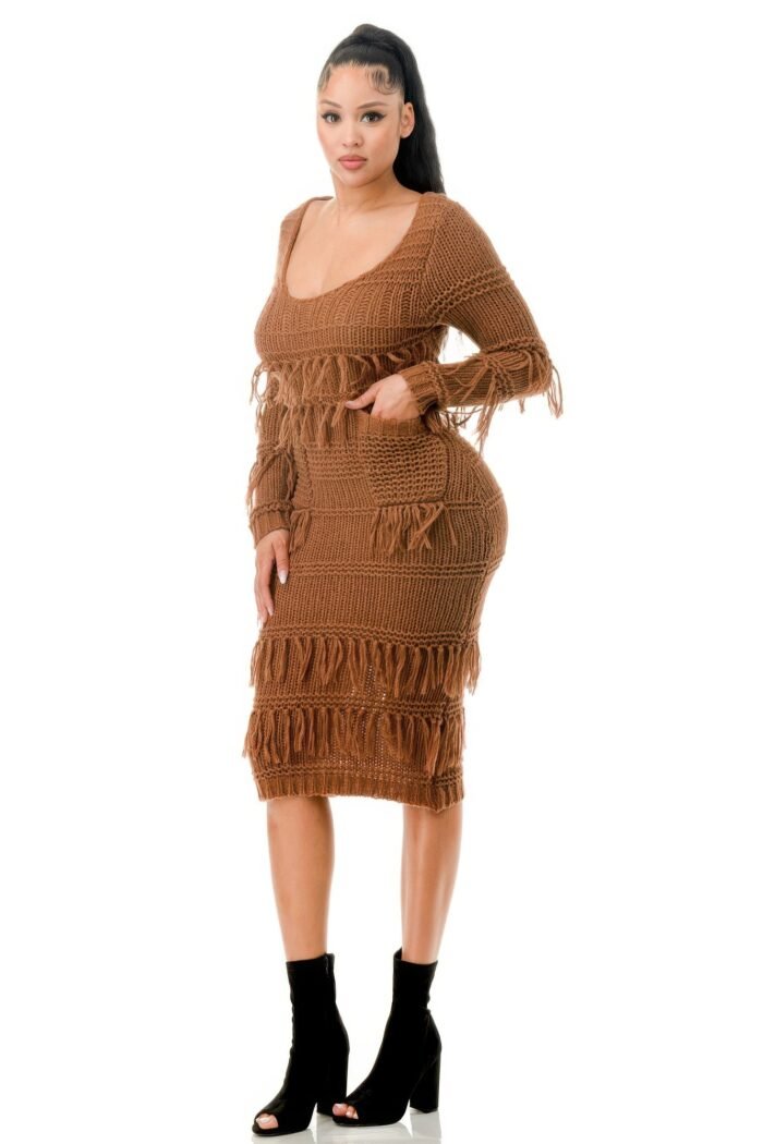 Knit long sleeve fringe dress