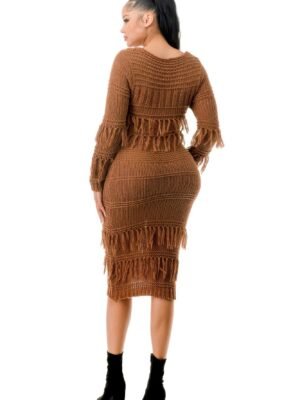 Knit Long Sleeve Fringe Dress