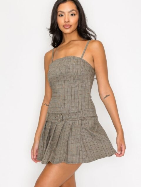 Belted Plaid Zip-up Pleated Dress