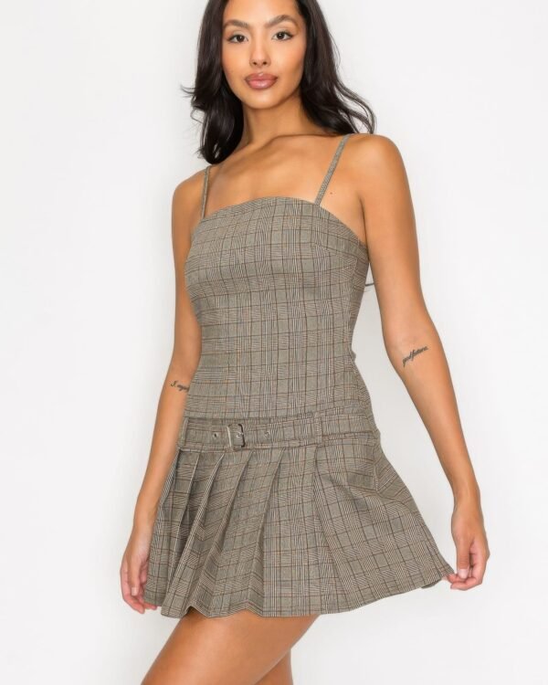 Belted Plaid Zip-up Pleated Dress