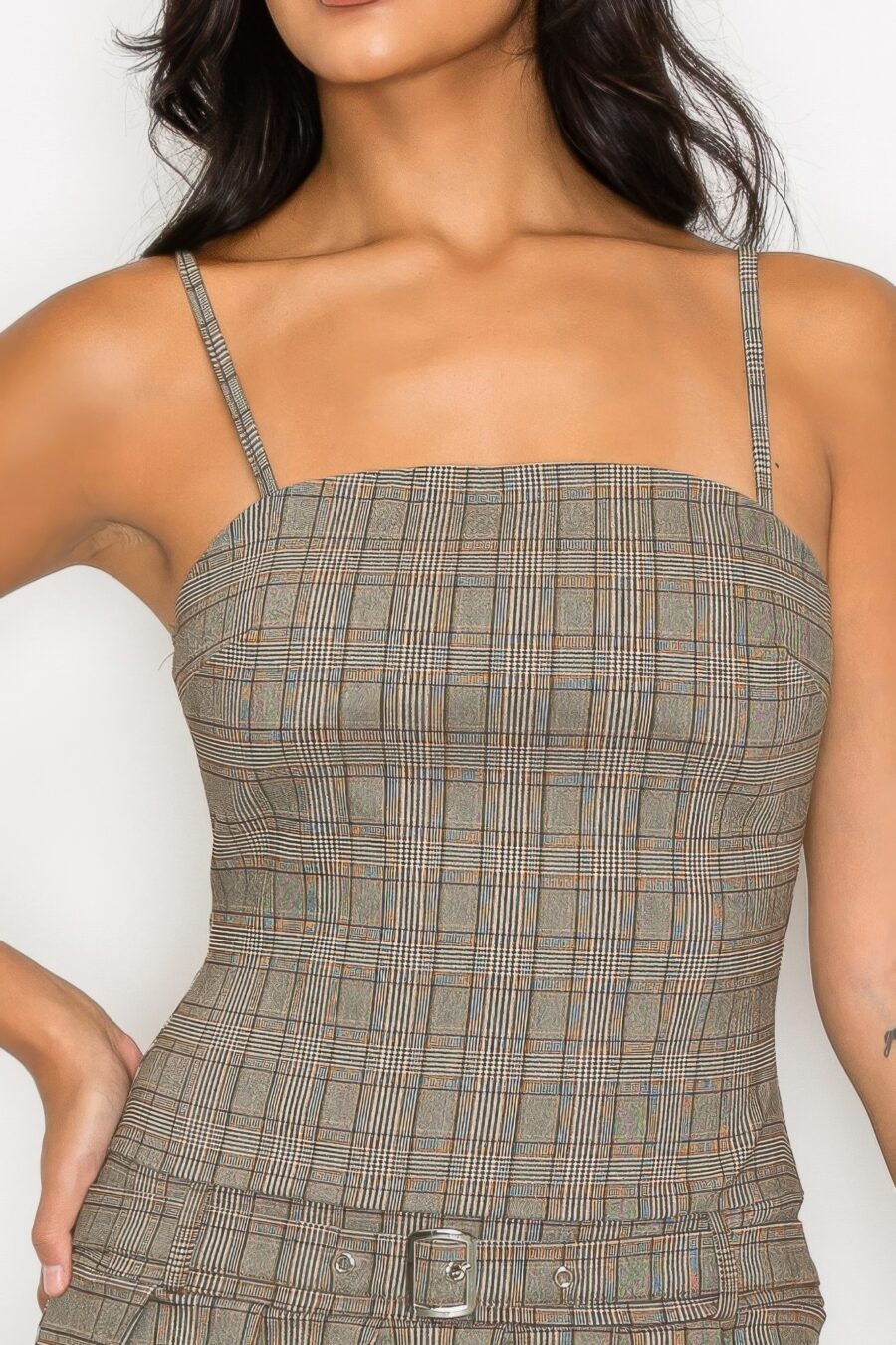 Belted plaid zip-up pleated dress