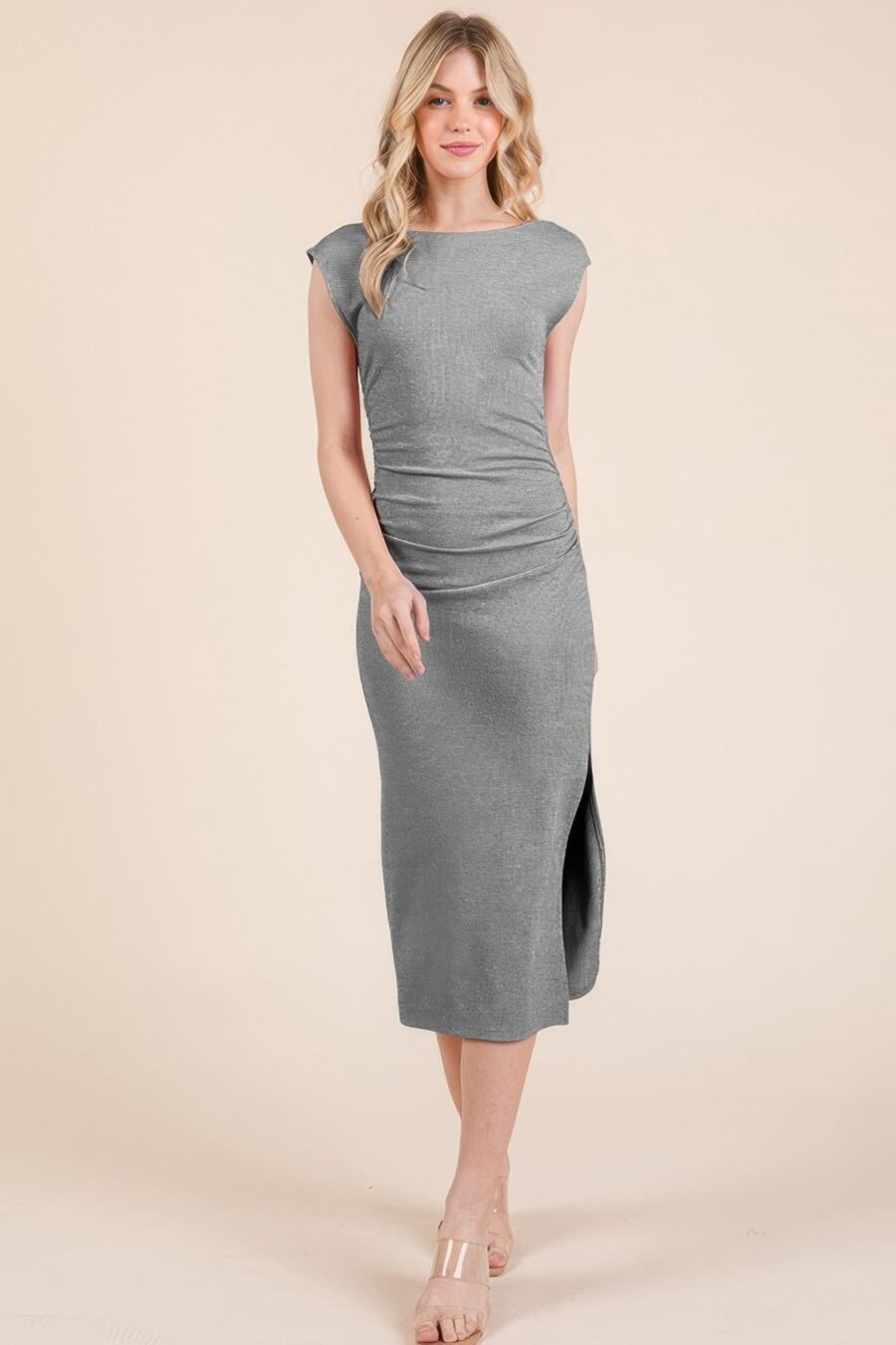 Cap sleeve boatneck open back midi dress