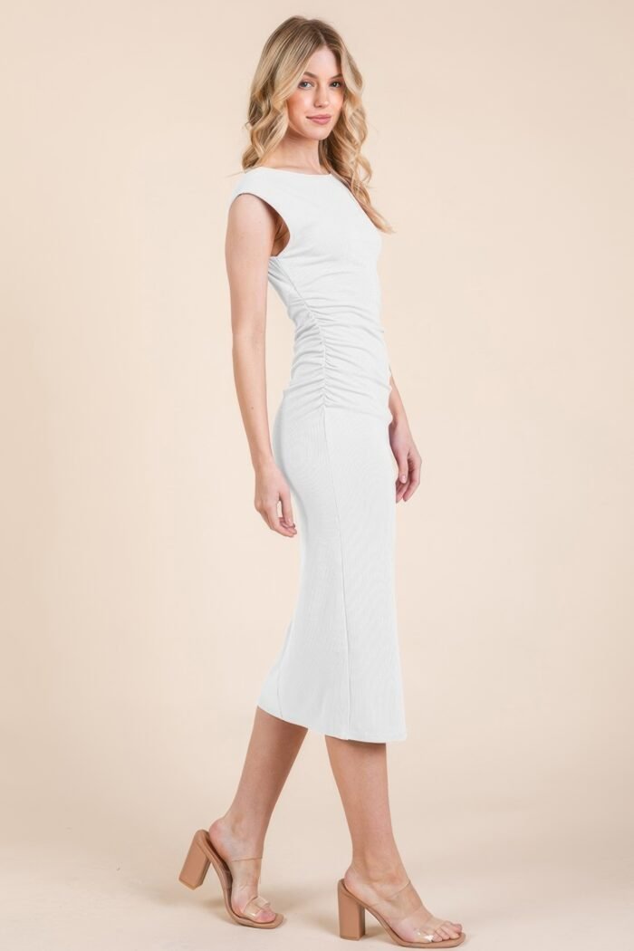 Cap sleeve boatneck open back midi dress