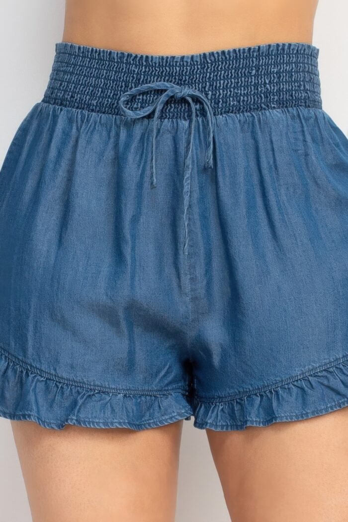 Smocked waist ruffled denim shorts